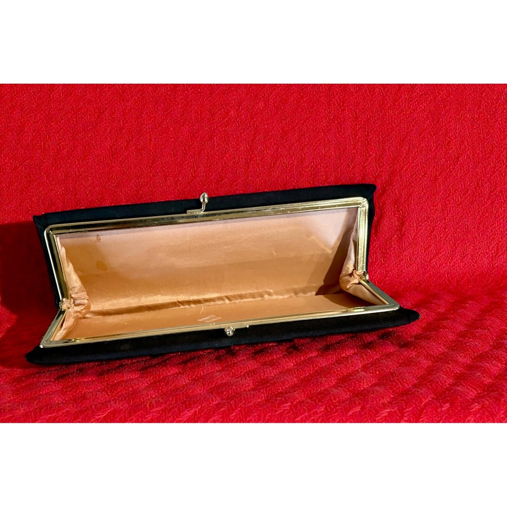 Harry Levine (HL) Black Satin Envelope Clutch Bag with Bow Detail and Gold Frame - Picture 5 of 7